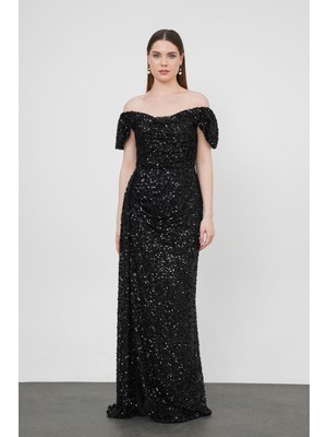 Kayık Yaka Uzun Payetli Siyah Abiye Elbise