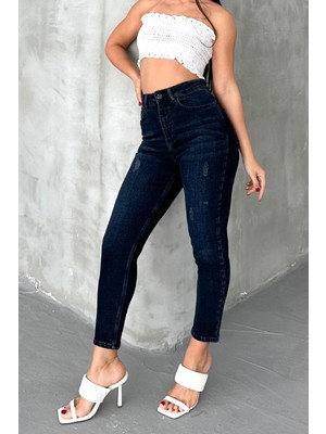 Yıpratmalı Blue Black Kadın Likralı Boyfriend Jean Yüksek Bel Esnek Kot Pantolon MABEL-2018