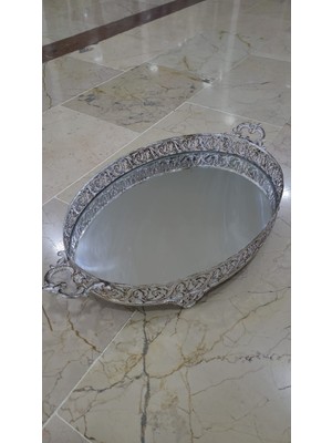 57X32X8CM Oval Aynalı Cam Metal Çift Kulplu Ayaklı Çay Tepsi Eskitme 1 Adet