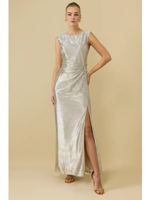 Ekol Kadın Parlak Kumaş Maxi Boy Abiye Elbise 5092 Gold