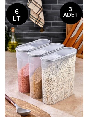 Kitchen Line Erzak Bakliyat Kiler Saklama Kabı 3 Adet Set Lüks Şık Kutu Çeyiz Seti 6lt Gri Kapaklı