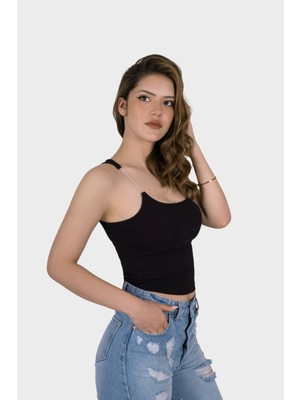 Adisia Kadın Siyah V Yaka Askılı Fitilli Crop