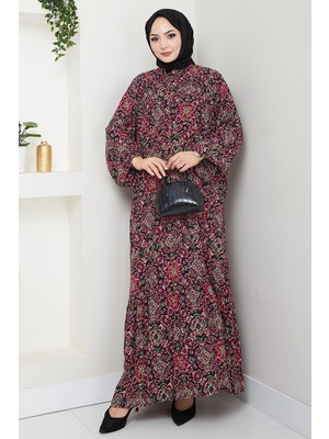 İlkimay.com Etnik Desen Yarım Düğmeli Dokuma Viskon Elbise 1517 - Siyah