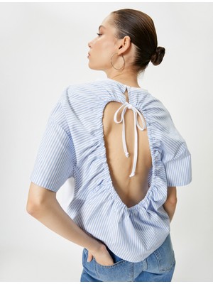 Koton Arkası Pencere Detaylı Çizgili Kısa Kollu Tişört Iki Farklı Kumaş Kullanımlı Bisiklet Yaka