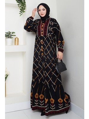 İlkimay.com Yarasa Kol Yarım Düğmeli Dokuma Viskon Elbise 1483 - Siyah