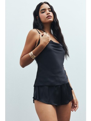 Caché Siyah Degaje Yaka Askılı Kısa Saten Pijama Takımı