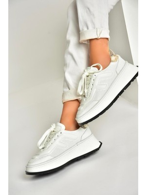 U555605603 Beyaz Hakiki Deri Kalın Tabanlı Spor Ayakkabı Sneakers