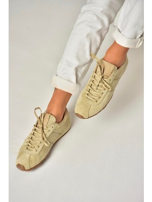 U312311602 Bej Hakiki Deri Süet Kadın Spor Ayakkabı Sneakers