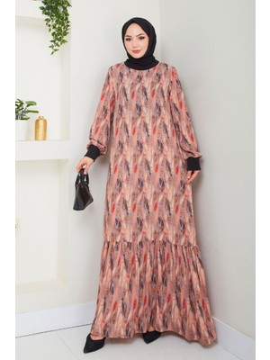 İlkimay.com Bisiklet Yaka Desenli Elbise 1511 - Taş