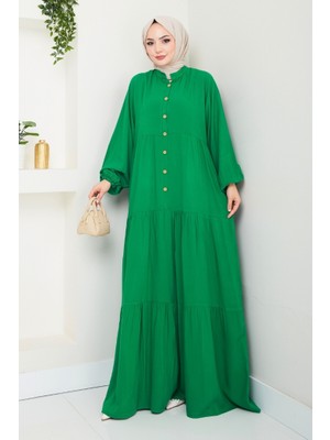 İlkimay.com Kiyar Yarım Düğmeli Dokuma Viskon Elbise 1510 - Yeşil