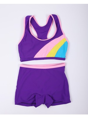 Kız Çocuk Mor Renk Yüzücü Alt-Üst Şortlu Takım Mayo Bikini