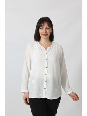 Moda Berray 2B-069 Kolu Apoletli Büyük Çiçek Desenli Pamuk Keten Kadın Büyük Beden Beyaz Gömlek