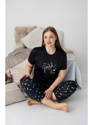Kadın Bisiklet Yaka Düğmesiz Battal Kesim Viskon Yazlık Kısa Kol Büyük Beden Pijama Takımı
