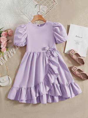 Balon Kısa Kollu Fırfırlı Kız Çocuk Elbise