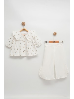 Mini Baray Fırfırlı Müslin Çiçekli Gömlekli Kız Bebek Takımı (1-2-3-4 Yaş)