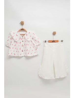 Mini Baray Fırfırlı Müslin Çiçekli Gömlekli Kız Bebek Takımı (1-2-3-4 Yaş)