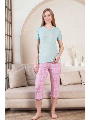 Kadın Su Yeşili Pembe Ekose Desen Bisiklet Yaka Düğmesiz Likralı Bambu Kısa Kol Kapri Pijama Takımı