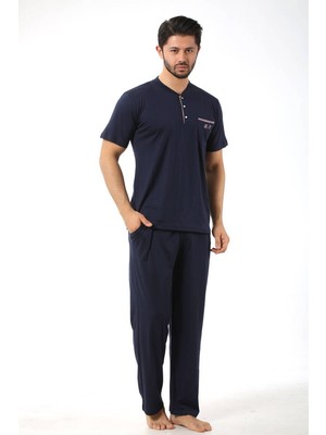 Erkek 3 Düğmeli Likralı Pamuk Kısa Kol Cepli Şortlu 3lü Pijama Takımı-3 Parça Kutulu Çeyizlik Set