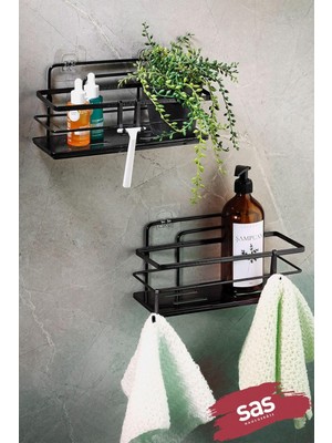 Haus Yapışkanlı Ömür Boyu Paslanmaz Kristal Ayarlanabilir Raf Banyo Düzenleyici Şampuanlık 2 Adet Siyah L