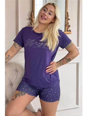 Lila Magic Desenli Bambu Kısa Kol Şortlu Kadın Pijama Takımı