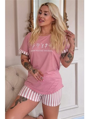 Pijama Evi Pudra Positive Desenli Bambu Kısa Kol Şortlu Kadın Pijama Takımı