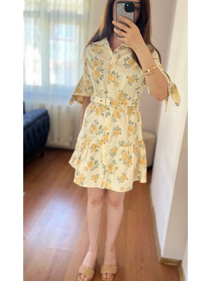 Kadın Sarı Çiçekli Kol Detaylı Kemerli Yazlık Elbise