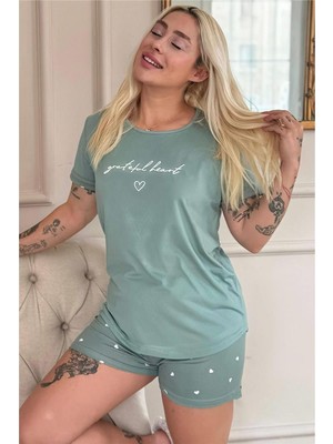 Yeşil Grateful Heart Desenli Bambu Kısa Kol Kadın Şortlu Pijama Takımı