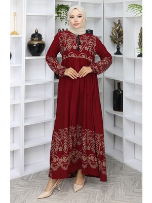 Sefa Merve Desenli Viskon Elbise 4076-05 Bordo