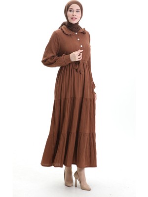 Yarım Düğmeli Büzgülü Elbise 2042-01 Taba