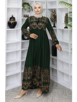 Desenli Viskon Elbise 4076-04 Zümrüt Yeşili