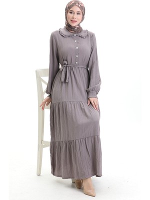 Yarım Düğmeli Büzgülü Elbise 2042-05 Koyu Vizon