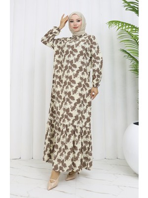 Sefa Merve Viskon Kumaş Kolu Lastikli Desenli Elbise 2034-03 Vizon