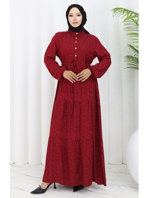 Sefa Merve Viskon Kumaş Yarım Düğmeli Desenli Elbise 0068-03 Bordo