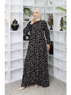 Sefa Merve Viskon Kumaş Desenli Elbise 0055-02 Siyah