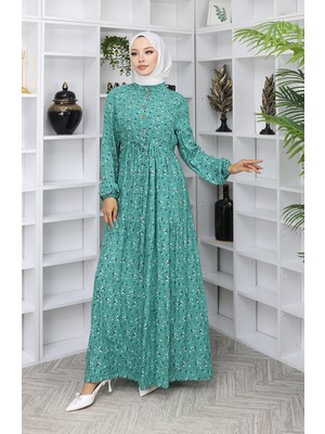 Sefa Merve Viskon Kumaş Yarım Düğmeli Elbise 0067-01 Çağla Yeşili