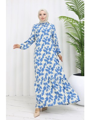 Sefa Merve Viskon Kumaş Kolu Lastikli Desenli Elbise 2034-04 Indigo