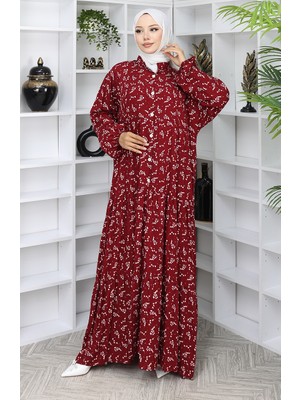 Sefa Merve Viskon Kumaş Desenli Elbise 2048-04 Bordo