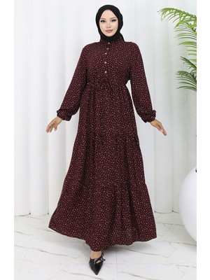 Sefa Merve Viskon Kumaş Yarım Düğmeli Desenli Elbise 0068-04 Kahverengi