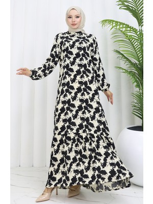 Sefa Merve Viskon Kumaş Kolu Lastikli Desenli Elbise 2034-01 Siyah