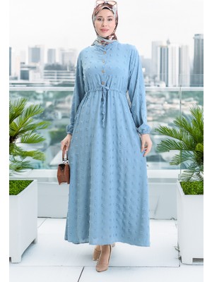 Sefa Merve Aerobin Kumaş Yarım Düğmeli Elbise 0064-01 Buz Mavisi