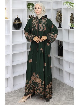 Sefa Merve Viskon Kumaş Desenli Elbise 2045-01 Zümrüt Yeşili