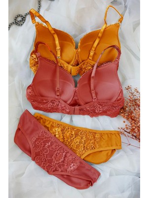 Kadın Hardal ve Kiremit Rengi Dolgulu Balenli Sütyen Külot 2'li Paket