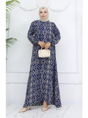 Sefa Merve Viskon Kumaş Desenli Elbise 0036-03 Lacivert