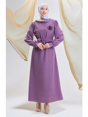 Gofre Kumaş Kuşaklı Elbise 2043-02 Lila