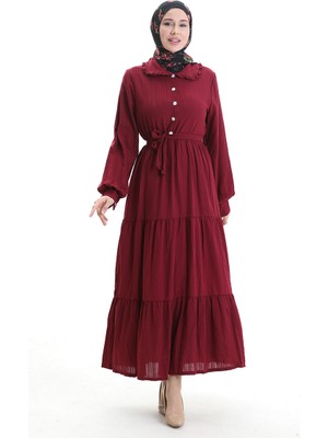 Sefa Merve Yarım Düğmeli Büzgülü Elbise 2042-03 Bordo