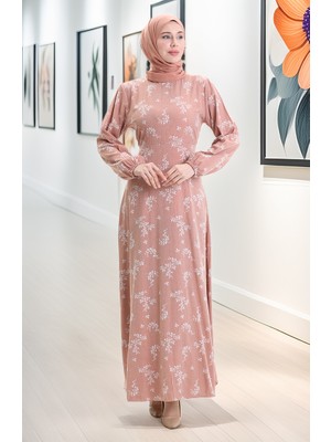 Sefa Merve Kolu Lastikli Desenli Elbise 2047-06 Somon