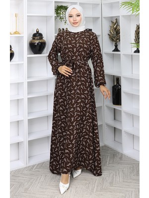 Sefa Merve Desenli Kuşaklı Elbise 2049-05 Kahverengi