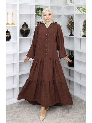 Sefa Merve Nakış Işlemeli Yarım Düğmeli Elbise 0059-03 Kahverengi
