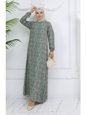 Sefa Merve Viskon Kumaş Desenli Elbise 0036-01 Çağla Yeşili