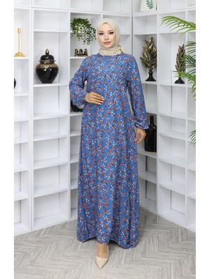 Sefa Merve Viskon Kumaş Desenli Elbise 0055-01 Indigo